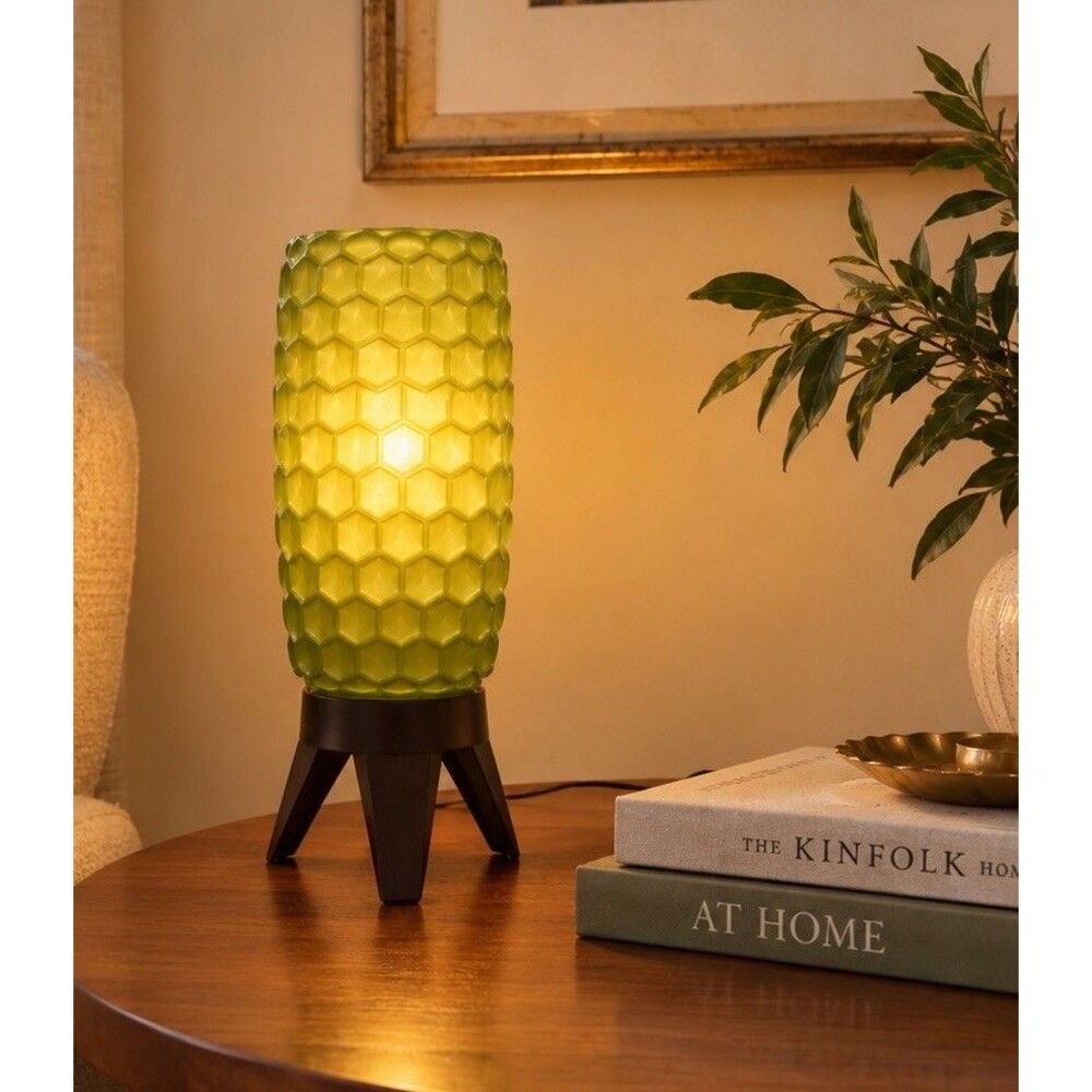 Vintage MCM Green Atomic Honeycomb Table Lamp Plastic Blow Mold Tripod Base